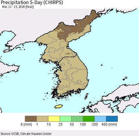 Korea Precipitation 5-Day (CHIRPS) Thematic Map For 3/11/2024 - 3/15/2024