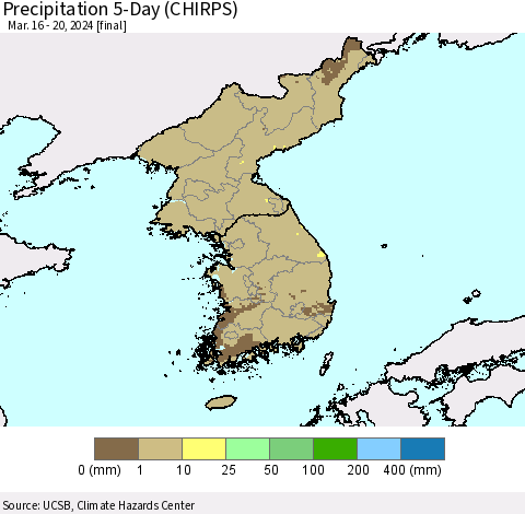 Korea Precipitation 5-Day (CHIRPS) Thematic Map For 3/16/2024 - 3/20/2024