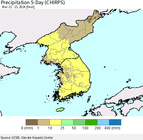 Korea Precipitation 5-Day (CHIRPS) Thematic Map For 3/21/2024 - 3/25/2024