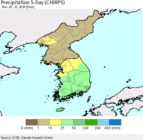 Korea Precipitation 5-Day (CHIRPS) Thematic Map For 3/26/2024 - 3/31/2024