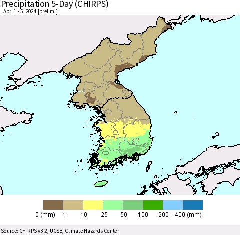 Korea Precipitation 5-Day (CHIRPS) Thematic Map For 4/1/2024 - 4/5/2024
