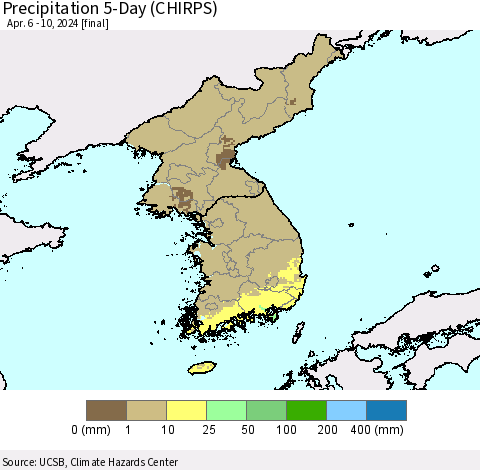 Korea Precipitation 5-Day (CHIRPS) Thematic Map For 4/6/2024 - 4/10/2024