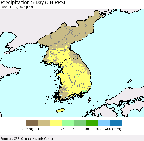 Korea Precipitation 5-Day (CHIRPS) Thematic Map For 4/11/2024 - 4/15/2024