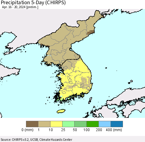 Korea Precipitation 5-Day (CHIRPS) Thematic Map For 4/16/2024 - 4/20/2024