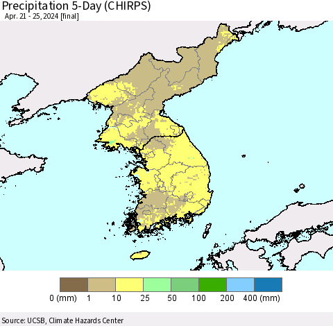 Korea Precipitation 5-Day (CHIRPS) Thematic Map For 4/21/2024 - 4/25/2024