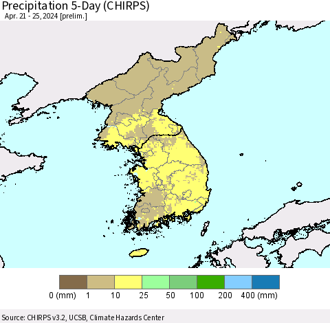 Korea Precipitation 5-Day (CHIRPS) Thematic Map For 4/21/2024 - 4/25/2024
