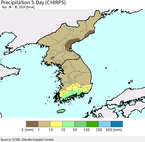 Korea Precipitation 5-Day (CHIRPS) Thematic Map For 4/26/2024 - 4/30/2024