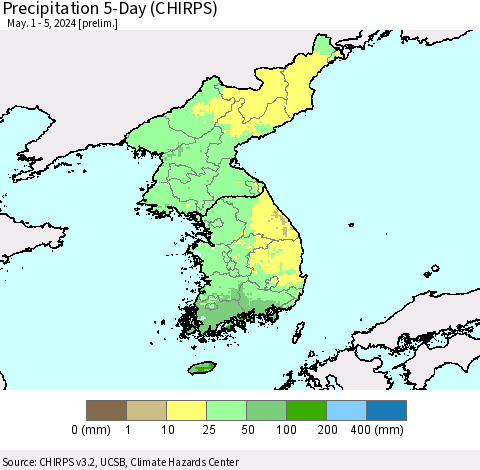 Korea Precipitation 5-Day (CHIRPS) Thematic Map For 5/1/2024 - 5/5/2024