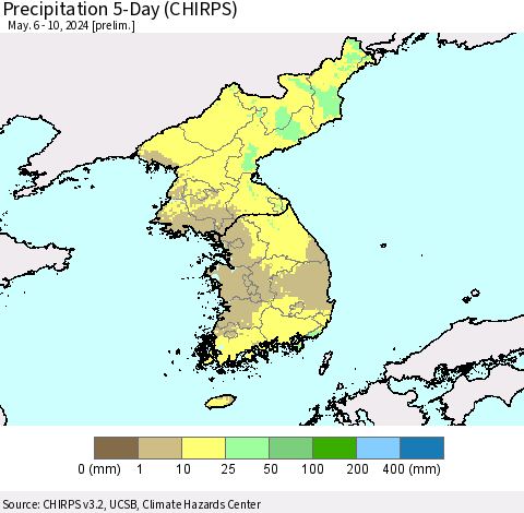 Korea Precipitation 5-Day (CHIRPS) Thematic Map For 5/6/2024 - 5/10/2024