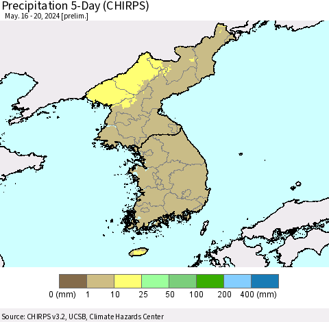 Korea Precipitation 5-Day (CHIRPS) Thematic Map For 5/16/2024 - 5/20/2024