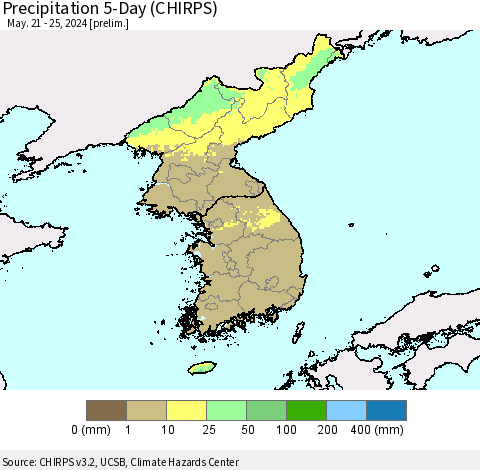 Korea Precipitation 5-Day (CHIRPS) Thematic Map For 5/21/2024 - 5/25/2024