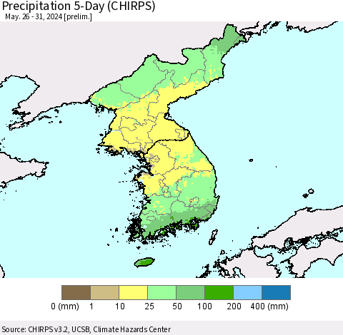 Korea Precipitation 5-Day (CHIRPS) Thematic Map For 5/26/2024 - 5/31/2024