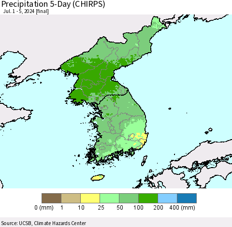 Korea Precipitation 5-Day (CHIRPS) Thematic Map For 7/1/2024 - 7/5/2024