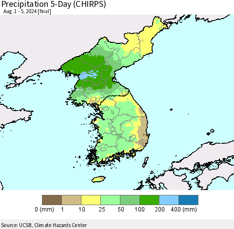 Korea Precipitation 5-Day (CHIRPS) Thematic Map For 8/1/2024 - 8/5/2024
