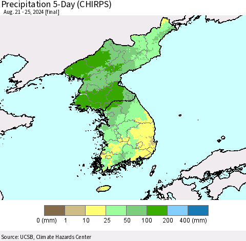 Korea Precipitation 5-Day (CHIRPS) Thematic Map For 8/21/2024 - 8/25/2024