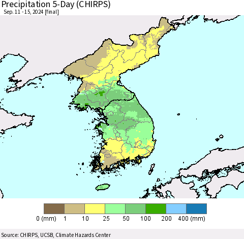 Korea Precipitation 5-Day (CHIRPS) Thematic Map For 9/11/2024 - 9/15/2024