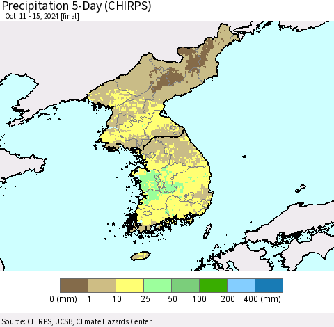 Korea Precipitation 5-Day (CHIRPS) Thematic Map For 10/11/2024 - 10/15/2024