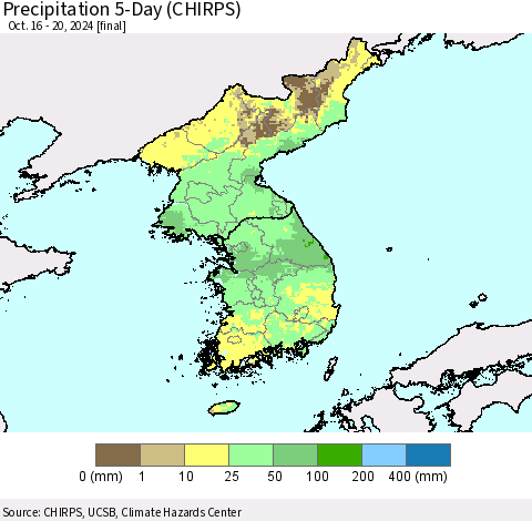 Korea Precipitation 5-Day (CHIRPS) Thematic Map For 10/16/2024 - 10/20/2024