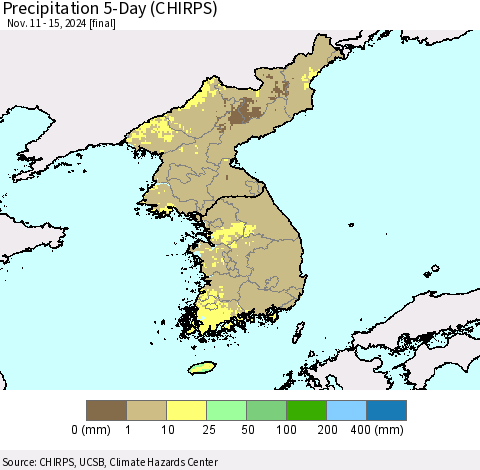 Korea Precipitation 5-Day (CHIRPS) Thematic Map For 11/11/2024 - 11/15/2024