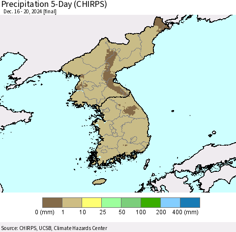 Korea Precipitation 5-Day (CHIRPS) Thematic Map For 12/16/2024 - 12/20/2024