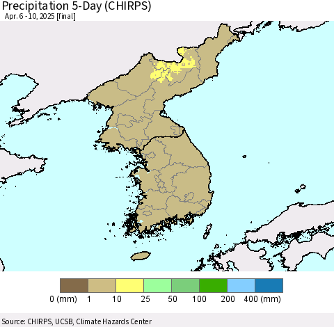 Korea Precipitation 5-Day (CHIRPS) Thematic Map For 4/6/2025 - 4/10/2025