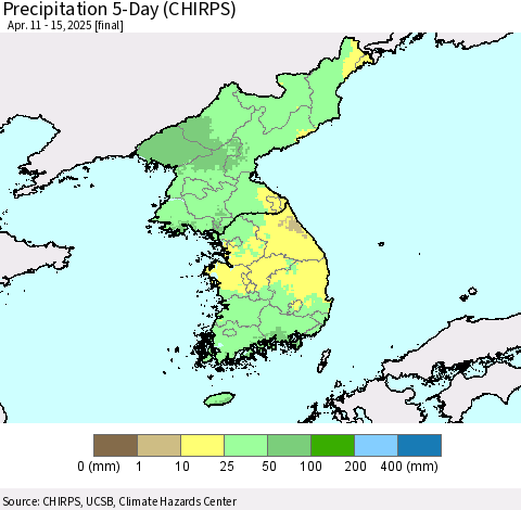 Korea Precipitation 5-Day (CHIRPS) Thematic Map For 4/11/2025 - 4/15/2025