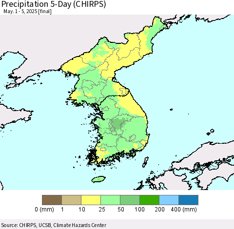 Korea Precipitation 5-Day (CHIRPS) Thematic Map For 5/1/2025 - 5/5/2025