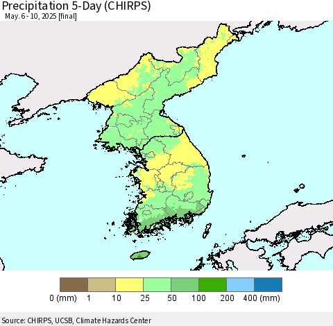 Korea Precipitation 5-Day (CHIRPS) Thematic Map For 5/6/2025 - 5/10/2025