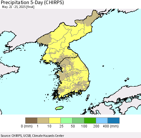 Korea Precipitation 5-Day (CHIRPS) Thematic Map For 5/21/2025 - 5/25/2025