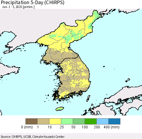 Korea Precipitation 5-Day (CHIRPS) Thematic Map For 6/1/2025 - 6/5/2025