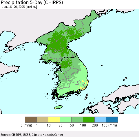 Korea Precipitation 5-Day (CHIRPS) Thematic Map For 6/16/2025 - 6/20/2025