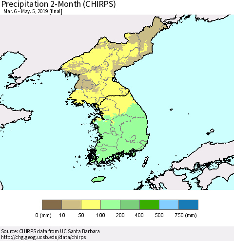Korea Precipitation 2-Month (CHIRPS) Thematic Map For 3/6/2019 - 5/5/2019