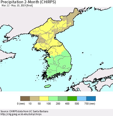 Korea Precipitation 2-Month (CHIRPS) Thematic Map For 3/11/2019 - 5/10/2019