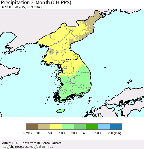 Korea Precipitation 2-Month (CHIRPS) Thematic Map For 3/16/2019 - 5/15/2019