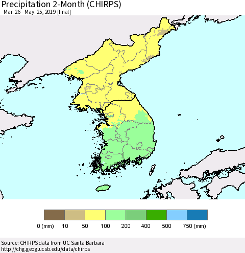Korea Precipitation 2-Month (CHIRPS) Thematic Map For 3/26/2019 - 5/25/2019