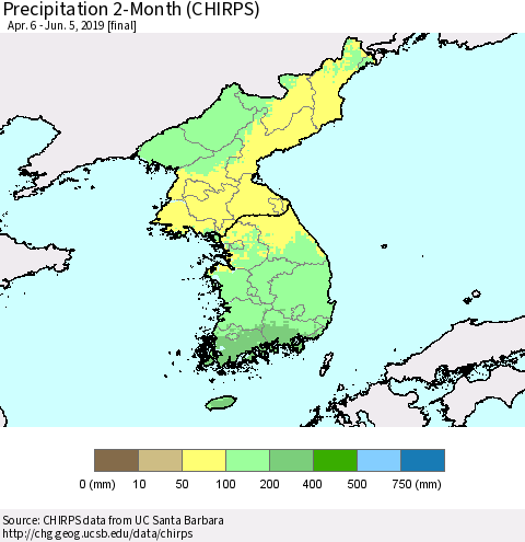 Korea Precipitation 2-Month (CHIRPS) Thematic Map For 4/6/2019 - 6/5/2019