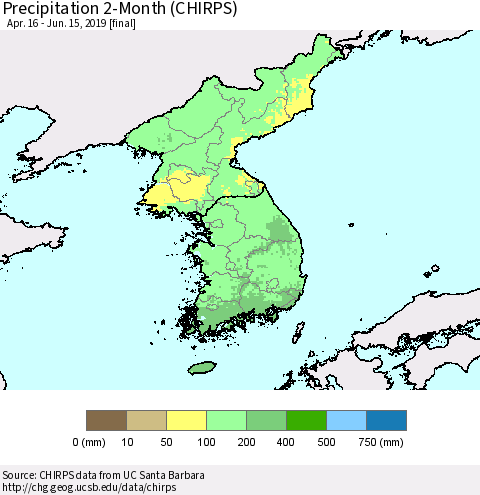 Korea Precipitation 2-Month (CHIRPS) Thematic Map For 4/16/2019 - 6/15/2019