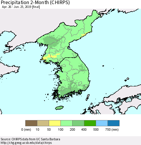 Korea Precipitation 2-Month (CHIRPS) Thematic Map For 4/26/2019 - 6/25/2019