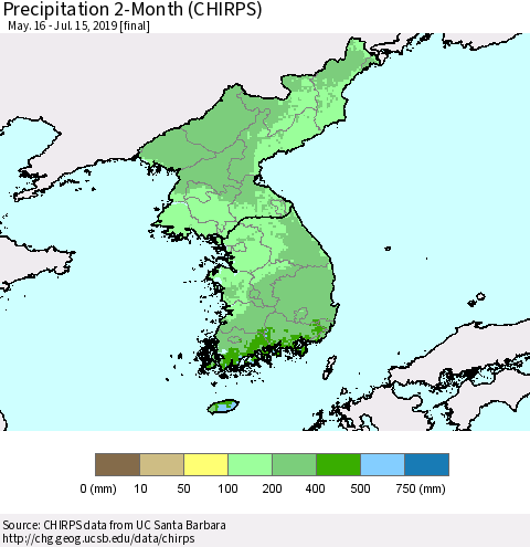 Korea Precipitation 2-Month (CHIRPS) Thematic Map For 5/16/2019 - 7/15/2019