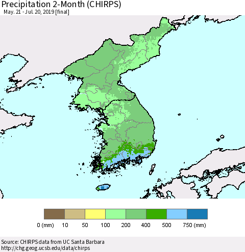 Korea Precipitation 2-Month (CHIRPS) Thematic Map For 5/21/2019 - 7/20/2019