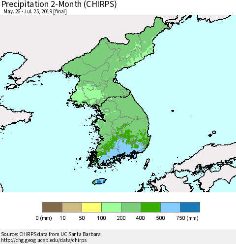 Korea Precipitation 2-Month (CHIRPS) Thematic Map For 5/26/2019 - 7/25/2019