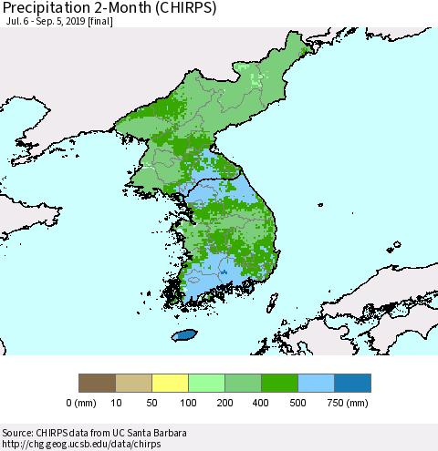 Korea Precipitation 2-Month (CHIRPS) Thematic Map For 7/6/2019 - 9/5/2019
