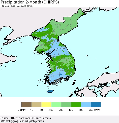 Korea Precipitation 2-Month (CHIRPS) Thematic Map For 7/11/2019 - 9/10/2019
