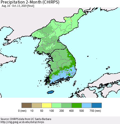Korea Precipitation 2-Month (CHIRPS) Thematic Map For 8/16/2019 - 10/15/2019