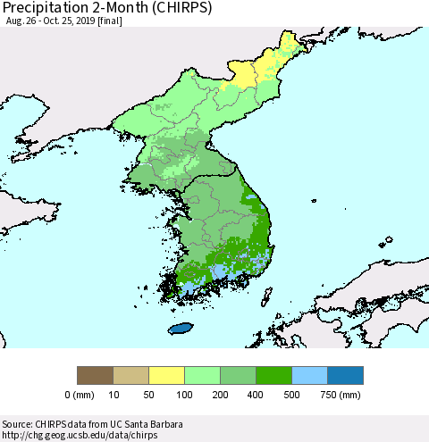 Korea Precipitation 2-Month (CHIRPS) Thematic Map For 8/26/2019 - 10/25/2019