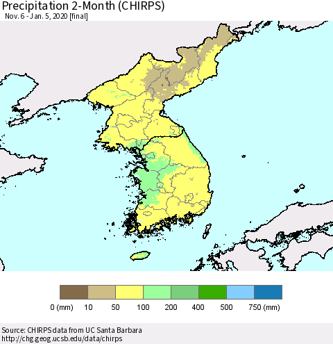 Korea Precipitation 2-Month (CHIRPS) Thematic Map For 11/6/2019 - 1/5/2020