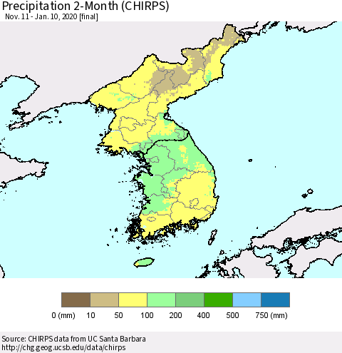 Korea Precipitation 2-Month (CHIRPS) Thematic Map For 11/11/2019 - 1/10/2020
