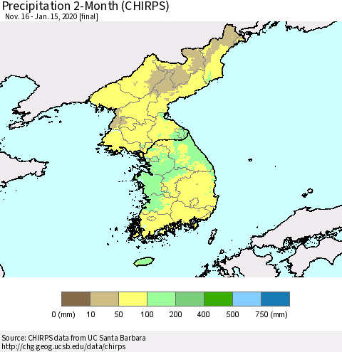 Korea Precipitation 2-Month (CHIRPS) Thematic Map For 11/16/2019 - 1/15/2020