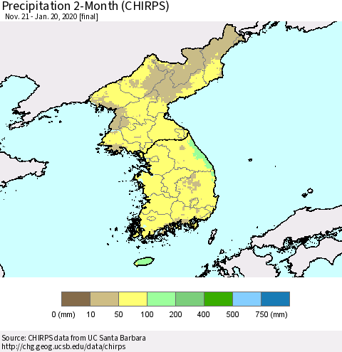 Korea Precipitation 2-Month (CHIRPS) Thematic Map For 11/21/2019 - 1/20/2020