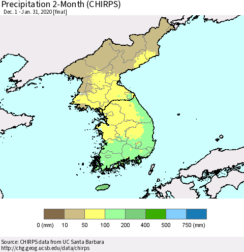 Korea Precipitation 2-Month (CHIRPS) Thematic Map For 12/1/2019 - 1/31/2020